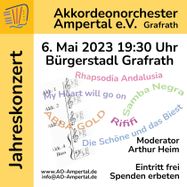 Flyer für das AOA-Konzert, Seite 2 zum Download. Zeigt zusätzlich Design mit Noten und Musiktiteln.